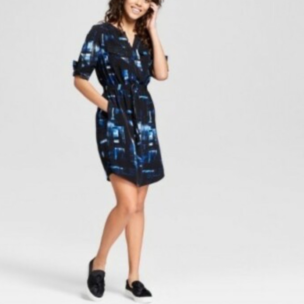 Mossimo Paint Marks Black & Blue Print Dress Convertible Sleeves Size XL